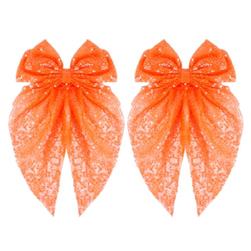 Sparkly Sequin Hair Bows for Women, Hair Bows with Long Tail Large Hair Barrettes Hair Clips Bling Hair Accessories for Halloween Fall Christmas Holiday Birthday Party - Neon Orange