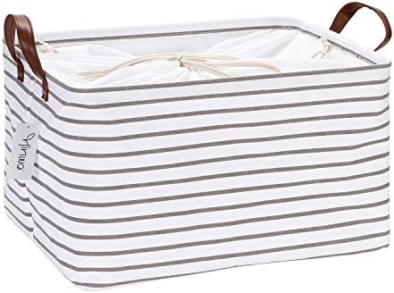 Hinwo 31L Large Capacity Storage Basket Canvas Fabric Storage Bin Collapsible Storage Box with PU Leather Handles and Drawstring Closure, 16.5 by 11.8 inches, Waterproof Inner Layer, Navy Blue Stripe