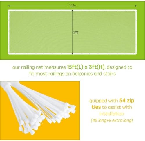 Banister Guard for Baby - 15ft x 3ft, Child Safety Net, Rail Balcony Banister Stair Mesh for Kids, Toys, Pets - White