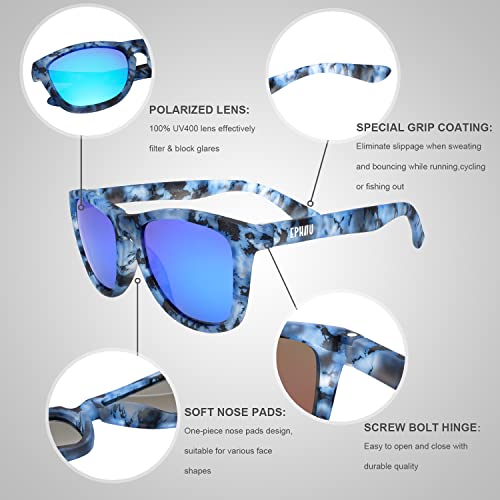 Ephiu Square Sports Polarized Sunglasses For Women And Men Mirror Lens Beach Sunglasses No Bounce No Slip For Running (Crystal Marble Blue Frame/Blue Mirror Lens) #TOP3