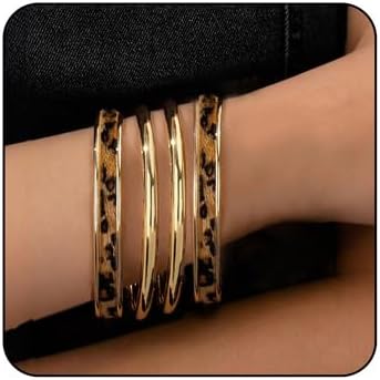 MIFYNN 4Pcs Chunky Gold Leopard Print Bangle for Women Stackable Leopards Bracelets Set Wide Wrist Cuff Bracelets Statement Arm Cuff Upper Bangle Fashion Stack Jewelry Gift