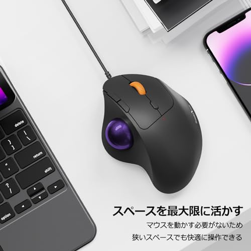 ProtoArc トラックボールマウス 有線 USB-C/USB-A両対応 4段階DPI調節可能 親指操作 マウス トラックボール 静音タイプ 5ボタン 進む/戻るボタン搭載 34mmボール Windows/Mac/Android (パープル)