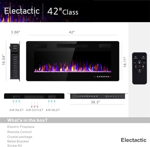Image of Electactic 42 Inch Electric Fireplace Insert Ultra-Thin - Recessed & Wall-Mounted Fireplace Heater with Thermostat, Adjustable Flame, Remote Control - Linear with Timer, Touch Screen, 750 /1500W