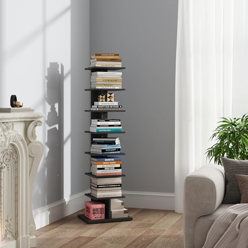 TUTOTAK Narrow Bookshelf, 8-Tier Bookcase, Spine Book Shelf for Small Space, Corner Standing Shelf for Living Room, Office, Study, Entryway, Black BS06BK008