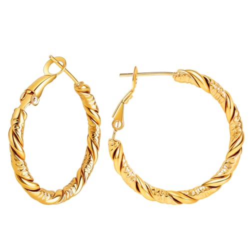 Hypoallergenic Stainless Steel Gold Hoop Earrings for Women,Non Tarnish Gold Hoops,Unique Trendy Hoop Earrings Medium 30mm 1.20
