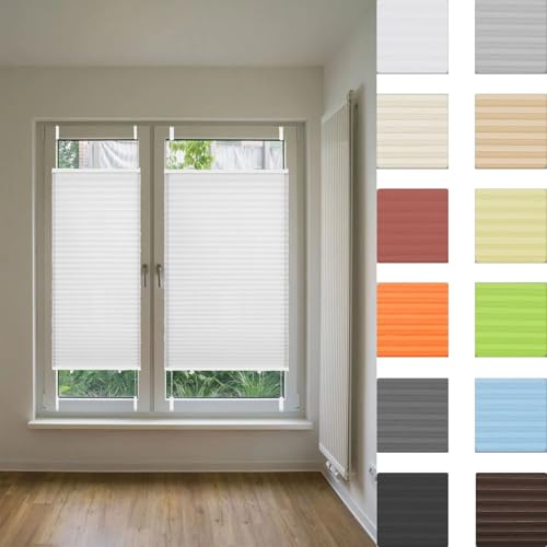 Cortina Plisada 95 x 120 cm Filtrado de Luz y Protección Visual Solar UV Estor Persiana Plisada sin Taladrar con Soportes de Sujeción para Cocina Baño Oficina Dormitorio, Blanco