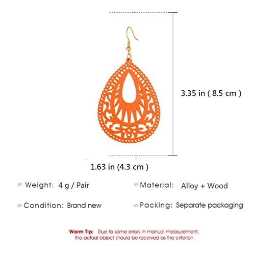 Maloyanve Bohemian Wood Earrings For Women Girls Handmade Natural Retro Lightweight Teardrop Geometric Hollow Wooden African Dangle Drop Geometric Statement Earrings Boho Vintage Ethnic Jewelry (Orange) #TOP3