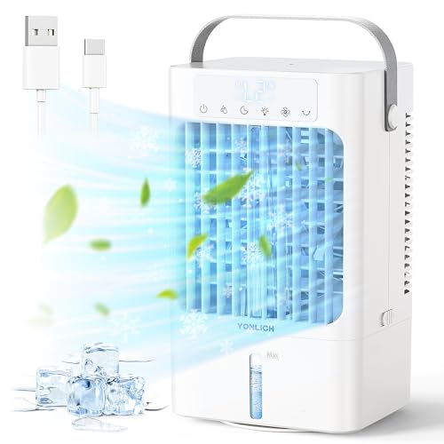 Air Cooler, YONLICH Portable Air Conditioner, Mini Air Conditioner Fan with 900ML Water Tank,Humidifier Air Cooling Fan 90°Oscillation, Night Light and Timer,4-in-1 Evaporative Cooler for Home Office