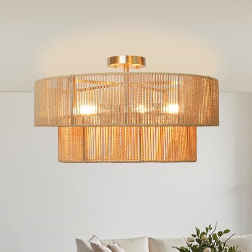 blusun 21" Natural Rattan Ceiling Light, Semi Flush Mount Gold