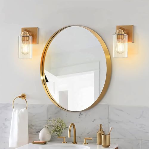 Image of Pia Ricco Wall Sconces Set of 2, Bedside Wall Lamps with Rotary Switch for Bedroom, Modern Bathroom Light Fixtures with Clear Glass Shade, Gold Sconces Wall Lights for Living Room, Hallway, Kitchen