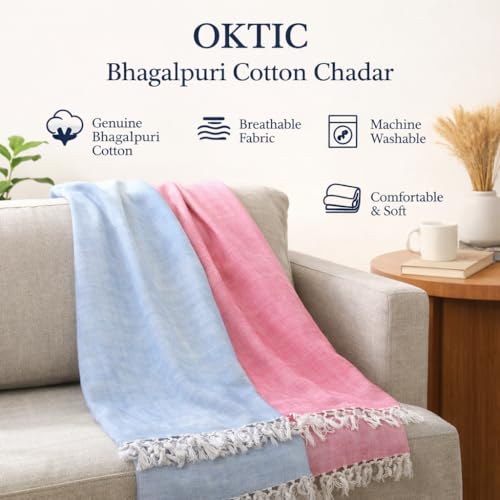 Image of OKTIC Bhagalpuri Plain Dull Chadar Combo Pack of 2, Lightweight Thin Layer Comfortable Handloom Cotton Top Sheet for Summer, Peach Sky Blue Single Size 230 x 130 cm