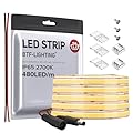 BTF-LIGHTING FCOB COB LED Strip IP65 480LED/m Flexible High Density Uniform Light 9W/m 16.4FT DC24V Warm White 2700K CRI 90+ 8mm Width for Home Indoor Decor(No Adapter or Controller)