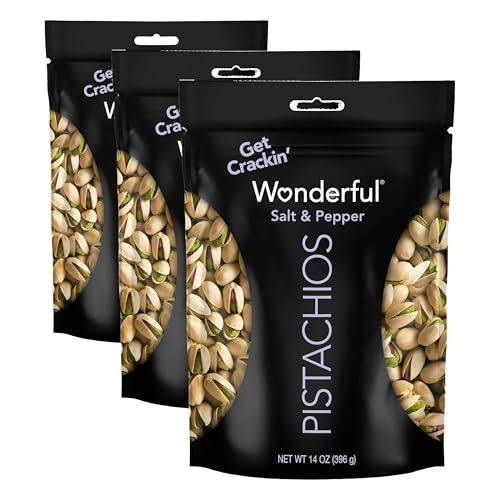 Wonderful Pistachios In Shell, Salt & Pepper Flavored Nuts, 14 Ounce Bag, Protein Snacks, Gluten Free, Healthy Snacks (Pack of 3)