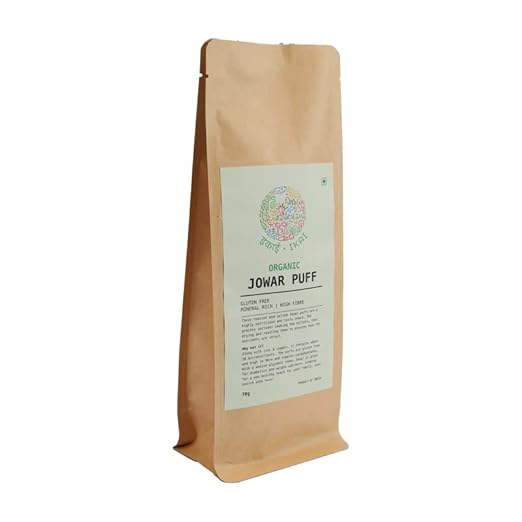 Organic Roasted Jowar Puff, Gluten Free, Healthy Breakfast or Snack Food, Vegan, 70 gm