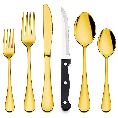Lianyu 24-Piece Gold Silverware Set With Steak Knives, Stainless Steel Flatware Cutlery Set For 4, Modern Eating Utensils Tableware, Mirror Finish, Dishwasher Safe #TOP19