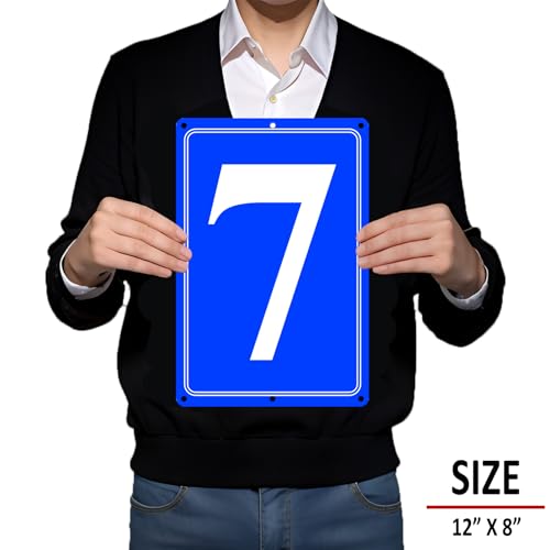 Image of Premium Aluminum Number Signs 7, Metal 12 inch X 8 inch Blue Numbered Signs Outdoor for Parking Lots, Floor, Dock, Court, Aisle, Field, High Visibility, No Fade, Weather-resistant