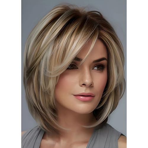 RicHyun Short Brown Blonde Bob Wigs for White Women Shoulder Length Synthetic Straight Cosplay Hair Wigs with Side Bangs