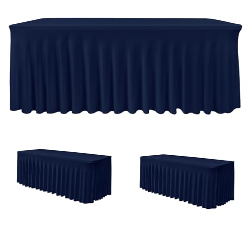 Image of HolidayIdeas 4ft Spandex Tablecloth 2 Pack Fitted Stretch Table Skirts 24x48 Inch,Navy Blue Ruffle Design Wrinkle-Free Polyester Table Cover for Vendor Booth, Parties Banquets, Events