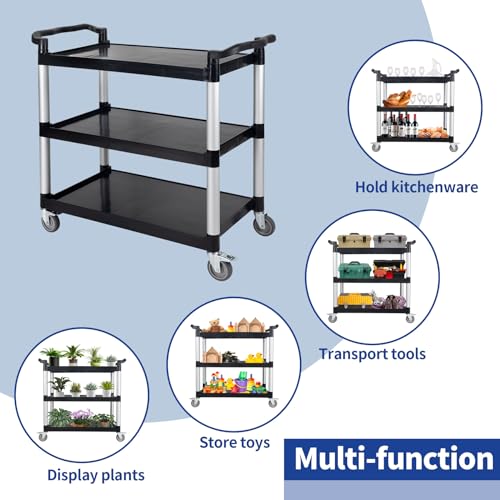 UNICOO Heavy Duty Plastic Utility Cart 550lbs, 3-Tier Rolling Service Cart with Lockable & Silent Wheels, Anti-Rust & Easy Clean for Restaurant, Office, Garage & More, 41x19.5x39 Inches (Black)