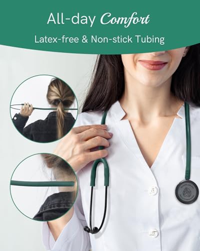 Image of FriCARE Dual Head Stethoscope - Stethoscopes for Nurses, Medical Nursing Students, Paramedics /EMT /LVN /VNA Backup Estetoscopio, Midnight Green Tube, Matte Black Finish Chestpiece
