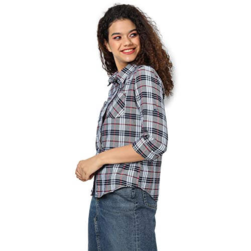 Image of PINACOLADA Women's Grey Tartan Plaid Button Up Regular Fit Shirt for Casual Wear | Spread Collar | Long Sleeves | Cotton Shirt Crafted with Regular Sleeve & Comfort Fit for Everyday Wear