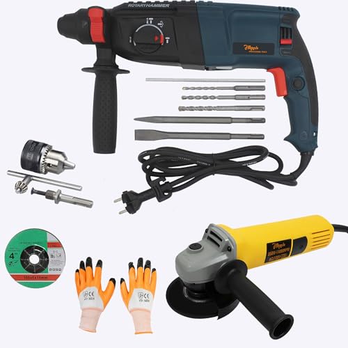 Image of Hillgrove HGCM1364M1 1200W 100% Copper Winding 26mm Rotary Hammer Impact Gun Chipping Hammering Drilling Breaker Drill Machine Kit Set with Angle Grinder