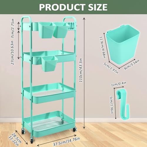 WONSAR Carrinho de 4 Andares, Carrinho de Metal com Rodas, 3 Copos Suspensos e 4 Ganchos, Carrinho U