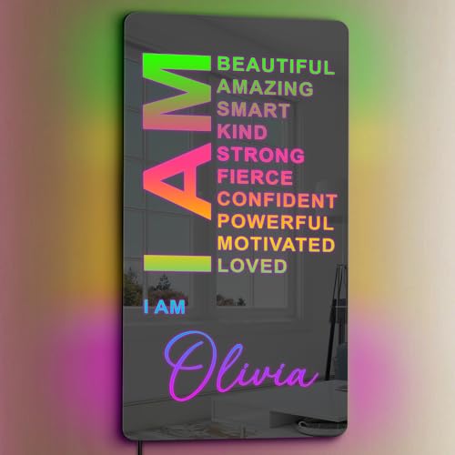 ONPRINTS Personalized Affirmation Mirror LED Light - I Am Mirror - Light Up Sign for Wall RGB Light - Personalized Name Sign for Bedroom Living Room