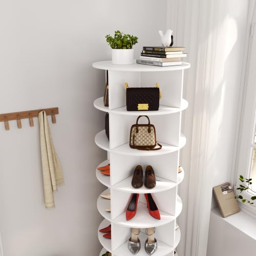 Image of HKLYRHIMO Rotating Storage Rack-American Design White-7-Tier Spinning Storage Rack,Free Standing 360 Revolving Shoe Organizer-for Bedroom,Livingroom,Hallway. (White,7-Tier with Base)
