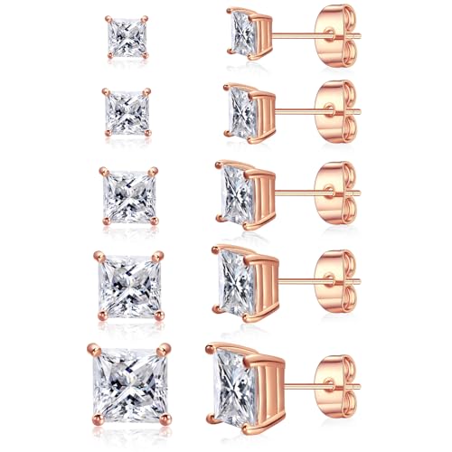 Gemsme 5 Pairs Princess Cut Cubic Zirconia Stud Earrings for Women/Men - 18K Gold Plated Hypoallergenic 3-7mm Square Clear Earring Set - Rose Gold