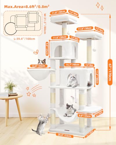Image of Taoqimiao Cat Tree, 67-Inch Cat Tower for Indoor Cats, Plush Multi-Level Cat Condo with 12 Scratching Posts, 2 Perches, 2 Caves, Hammock, 2 Pompoms, Cream White MS013C