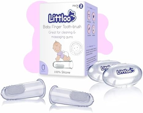 Littloo Baby Finger Toothbrush – 100% Silicone Infant Finger Brush for Cleaning & Massaging Gums – BPA Free – Pack of 2 with Storage Case