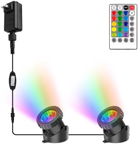 RGB Pond Lights with Timer, LED Underwater Submersible Colorful Landscape Spotlights, 98ft Remote Control IP68 Waterproof Fountain Lights for Fish Aquarium Tank Garden Yard Pool (Set of 2)