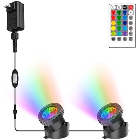 CREPOW RGB Pond Lights with Timer, LED Underwater Submersible Colorful Landscape Spotlights, 98ft Remote Control IP68 Waterproof Fountain Lights for Fish Aquarium Tank Garden Yard Pool (Set of 2) Cover