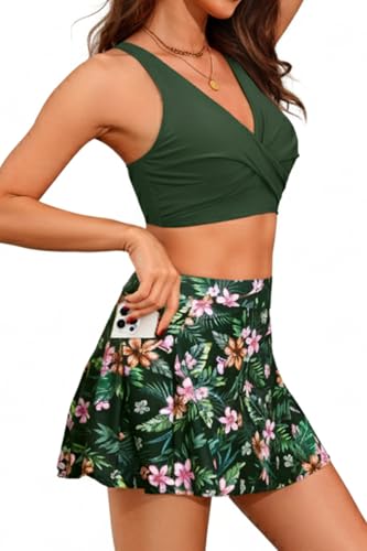 Aqua Eve Two Piece Bikini Skirt Swimsuit - 2 Piece Bathing Suits for Women High Waisted with Pockets 2025 Swimwear Green Floral M