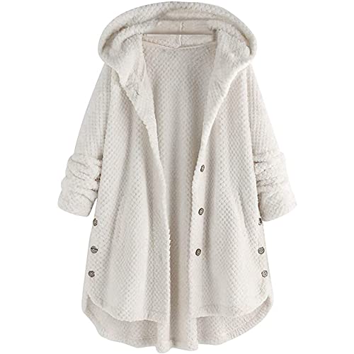EUWLY Veste en Peluche pour Femme avec Capuche Long Manteau Polaire Veste à Capuche Manteau d'hiver en Peluche Grand Taille Bouton Manteau Pelucheux Tail Tops Sweat à Capuche Pull Loose Veste Parka Cover
