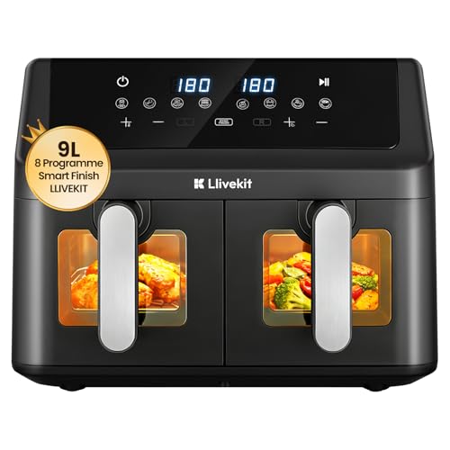 LLIVEKIT 9L Freidora de Aire con Circulación 4D de Aire Caliente, Air Fryer XXL Doble Zona, 2 Compartimentos 2x4,5L, 95% Sin Aceite, 8 Programas Predefinidos, Sync-Finish, Ahorro de Energía, Negro