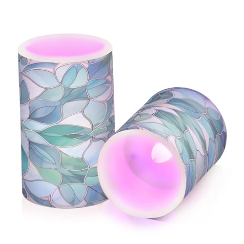 Image of Lights Flameless Candles Turquoise Flower Pattern Pillar Candles Set of 2 Battery Operated Remote Control Warm Lights Home Decor