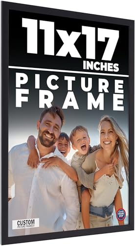 11x17 Frame Black Real Wood Picture Frame Width 0.75 Inches | Interior Frame Depth 0.5 Inches | Noir Classique Mid Century Photo Frame Complete with UV Acrylic, Foam Board Backing & Hanging Hardware