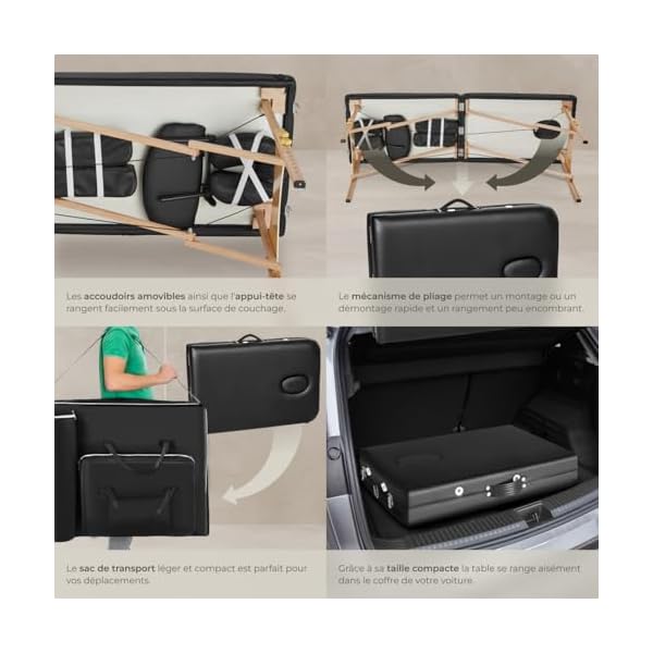 tectake® Table de Massage Pliante Professionnelle 2 Zones Ergonomique Massage et Relaxation Bois Table Esthetique Professionnel Lit de Massage Portable, Rouleaux & Housse de Transport - Noir