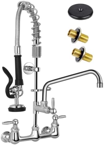 8 inch Center Wall Mount Commercial Sink Faucet with Sprayer, 26'' Height with Pull Down Pre-Rinse Sprayer & 12" spout, for 2-3 Compartment Utility Sink