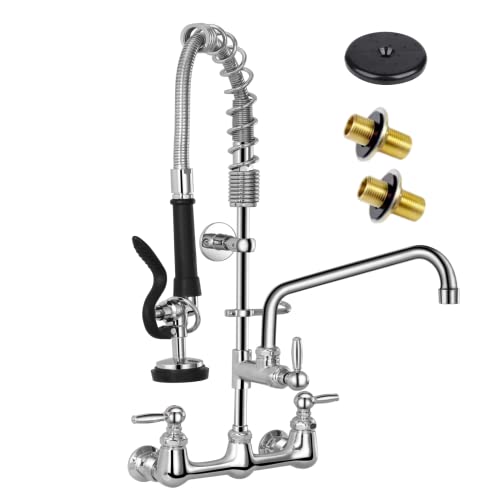 8 Inch Center Wall Mount Commercial Sink Faucet With Sprayer, 26'' Height With Pull Down Pre-Rinse Sprayer & 12" Spout, For 2-3 Compartment Utility Sink #TOP22