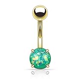 FIFTH CUE 14G Opal Glitter Prong Set Gold IP Over 316L Surgical Steel Belly Button Ring (synthetic opal) - Green