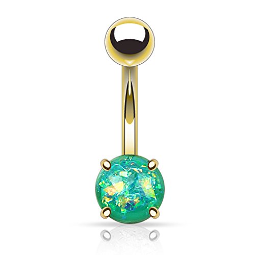 FIFTH CUE 14G Opal Glitter Prong Set Gold IP Over 316L Surgical Steel Belly Button Ring (synthetic opal) - Green