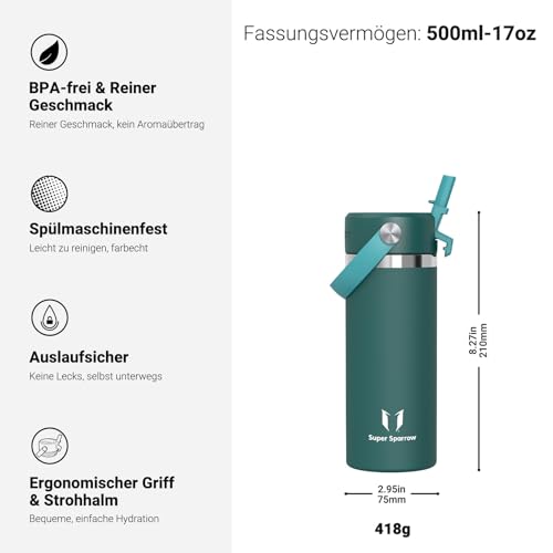 Sparrow Kinder Trinkflasche Edelstahl 500ml Thermosflasche mit Strohhalm – Ansicht 3