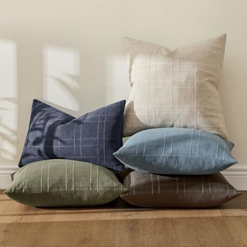 Image of MIULEE Decorative Linen Check Lumar Throw Pillow Covers Neutral Farmhouse Vintage Pillow Covers 12x20 Set of 2 Boho Modern Home Decor for Sofa Couch Bedroom Cushion Navy Blue