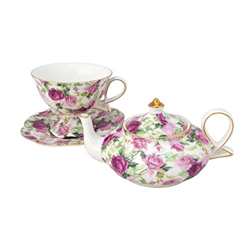 Gracie China by Coastline Imports 4-Piece Porcelain Tea for One, Stacked Teapot Cup Saucer, Pink Summer Rose Chintz