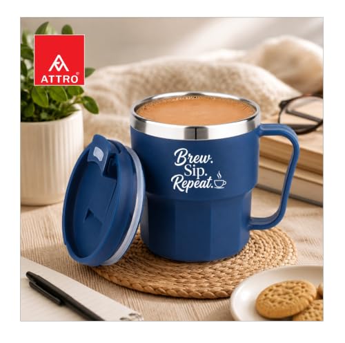 Image of ATTRO Sipzo Double Wall Inner Steel Coffee Mug, 350ml, Microwave Safe, Stainless Steel Inner, BPA Free Food Grade Outer, Leakproof Lid with Dust Cover, Wide Mouth, Office & Travel Mug-Blue
