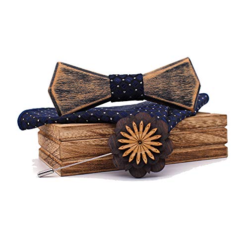 Kuty - Pajarita de madera para hombre con pañuelos, gemelos, broches, pajarita de madera hecha a mano, juego para bodas y fiestas negro 2