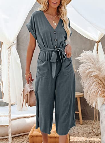 Happy Sailed Womens Short Sleeve V Neck Button Belted Linen Jumpsuits Wide Leg Long Pants Rompers With Pockets Blue X-Large #TOP4